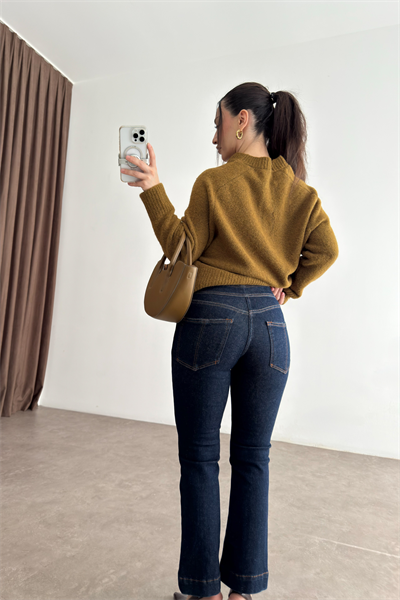 Premium Dik Yaka Düğmeli Triko Olive Kazak