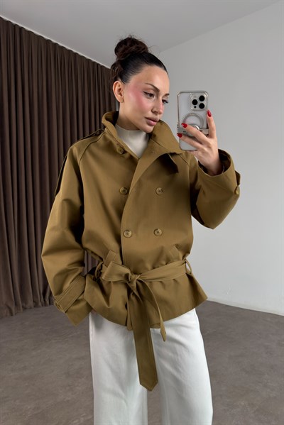 Premium Dik Yaka Kruvaze Kemerli Kısa Olive Trençkot