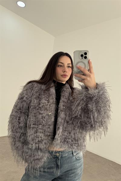 Premium Dik Yakalı Saçaklı Gri Benekli Kürk