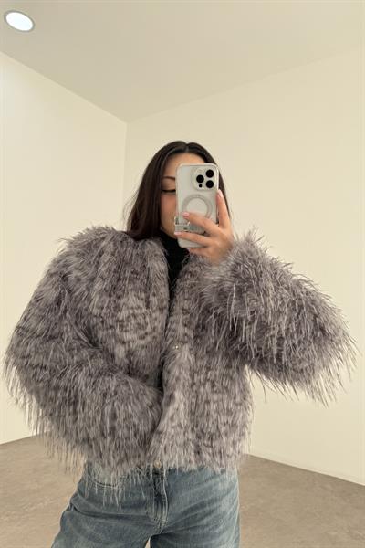 Premium Dik Yakalı Saçaklı Gri Benekli Kürk