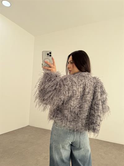 Premium Dik Yakalı Saçaklı Gri Benekli Kürk