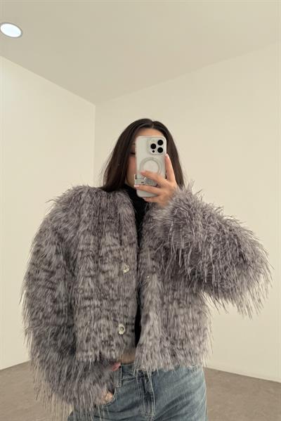 Premium Dik Yakalı Saçaklı Gri Benekli Kürk