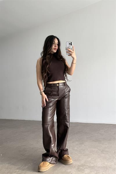 Premium Dikiş Detaylı Acı Kahve  Deri Pantolon