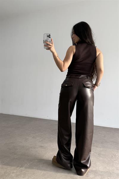 Premium Dikiş Detaylı Acı Kahve  Deri Pantolon