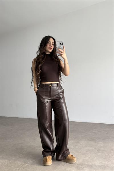 Premium Dikiş Detaylı Acı Kahve  Deri Pantolon
