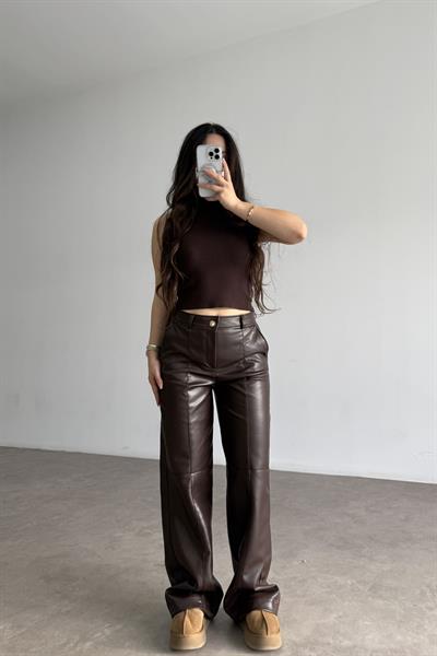 Premium Dikiş Detaylı Acı Kahve  Deri Pantolon
