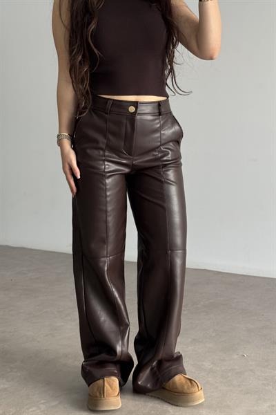 Premium Dikiş Detaylı Acı Kahve  Deri Pantolon