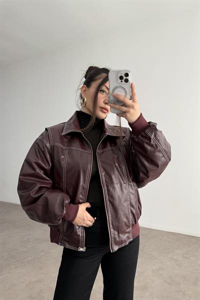 Premium Dikiş Detaylı Bomber Deri Bordo Mont