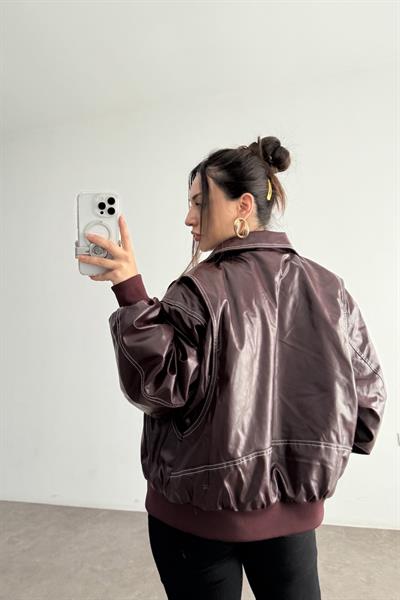 Premium Dikiş Detaylı Bomber Deri Bordo Mont