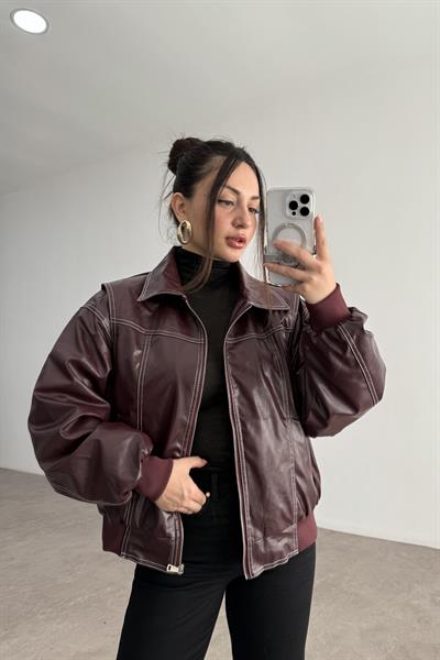 Premium Dikiş Detaylı Bomber Deri Bordo Mont