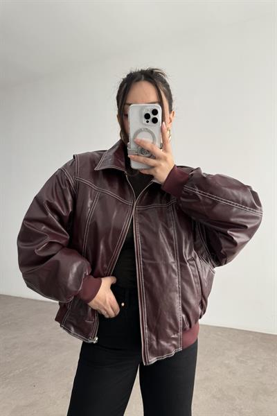 Premium Dikiş Detaylı Bomber Deri Bordo Mont