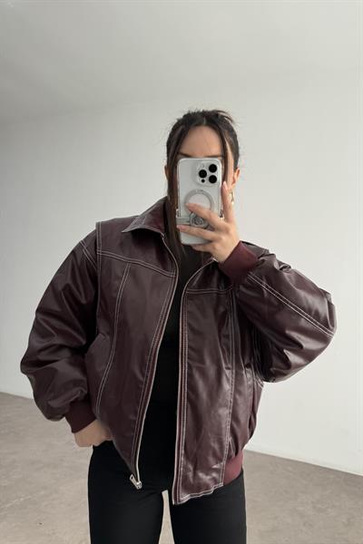Premium Dikiş Detaylı Bomber Deri Bordo Mont