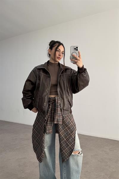 Premium Dikiş Detaylı Bomber Deri Kahve Mont