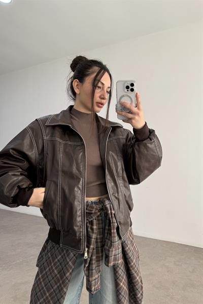 Premium Dikiş Detaylı Bomber Deri Kahve Mont