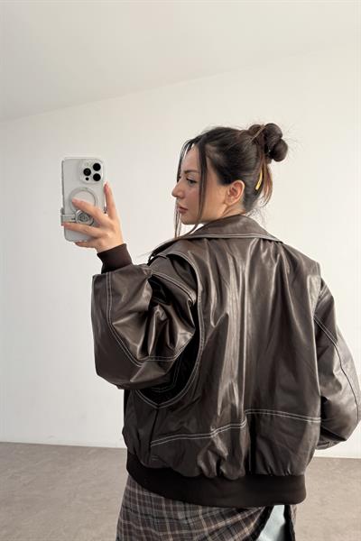 Premium Dikiş Detaylı Bomber Deri Kahve Mont