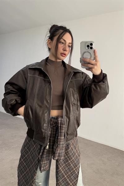 Premium Dikiş Detaylı Bomber Deri Kahve Mont