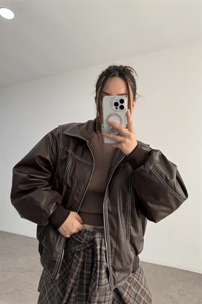 Premium Dikiş Detaylı Bomber Deri Kahve Mont