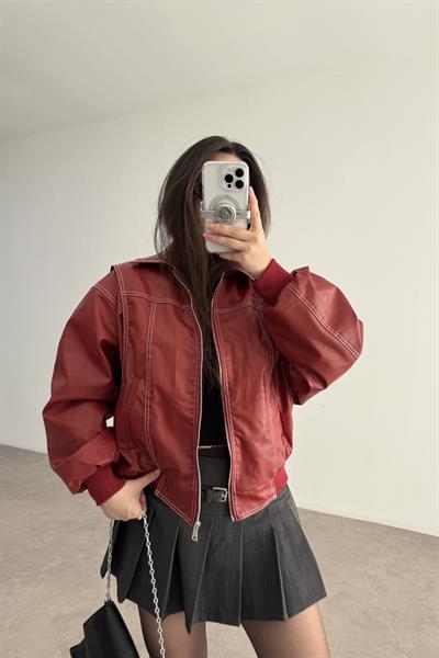 Premium Dikiş Detaylı Bomber Deri Kırmızı Mont