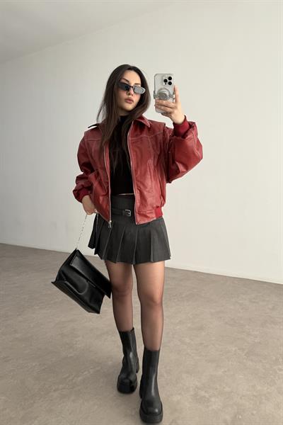 Premium Dikiş Detaylı Bomber Deri Kırmızı Mont