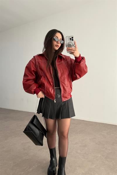 Premium Dikiş Detaylı Bomber Deri Kırmızı Mont