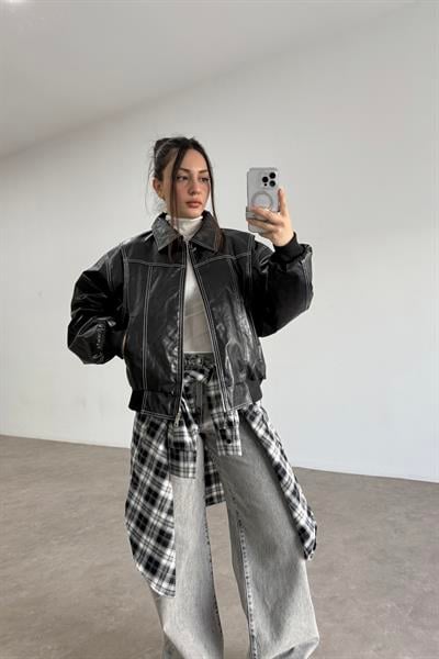 Premium Dikiş Detaylı Bomber Deri Siyah Mont