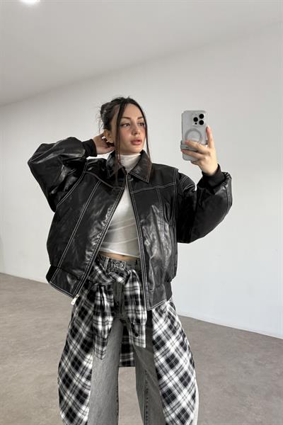 Premium Dikiş Detaylı Bomber Deri Siyah Mont