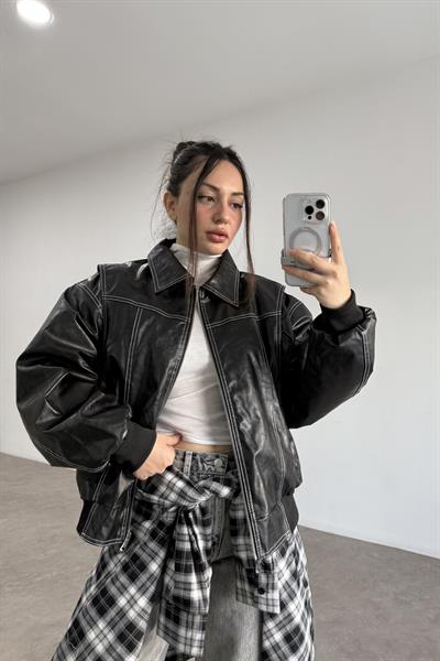 Premium Dikiş Detaylı Bomber Deri Siyah Mont