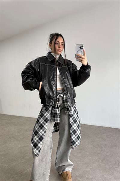 Premium Dikiş Detaylı Bomber Deri Siyah Mont