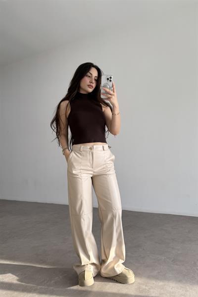 Premium Dikiş Detaylı Ekru Deri Pantolon