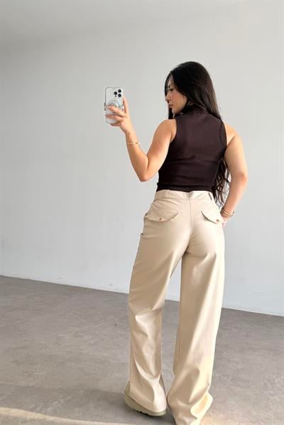 Premium Dikiş Detaylı Ekru Deri Pantolon