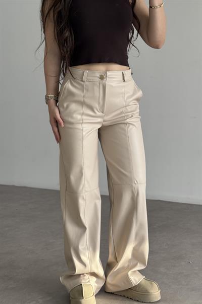 Premium Dikiş Detaylı Ekru Deri Pantolon