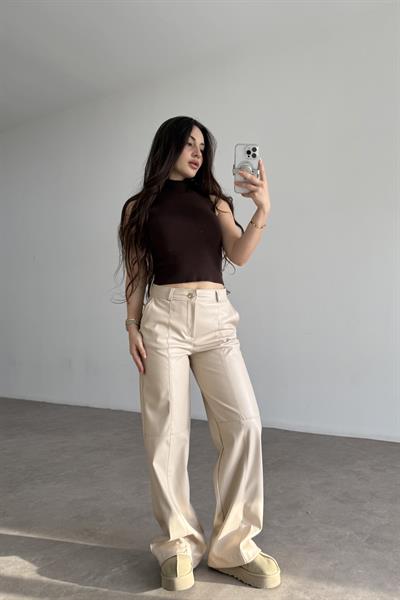 Premium Dikiş Detaylı Ekru Deri Pantolon