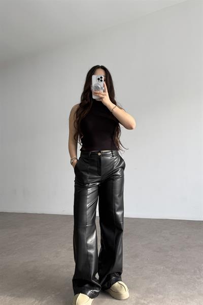 Premium Dikiş Detaylı Siyah Deri Pantolon