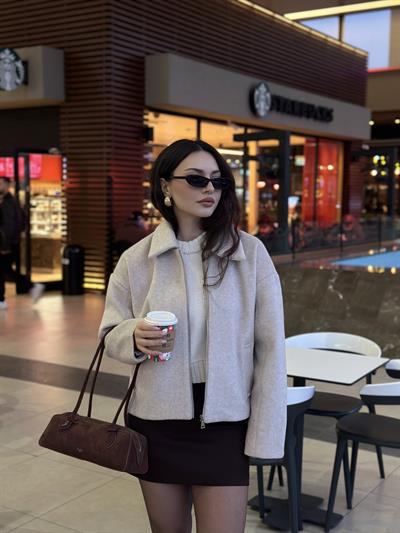 Premium Dokulu Kaşe Yakalı Ekru Ceket