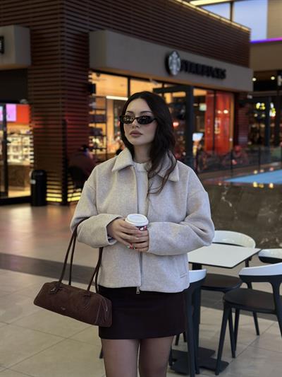 Premium Dokulu Kaşe Yakalı Ekru Ceket