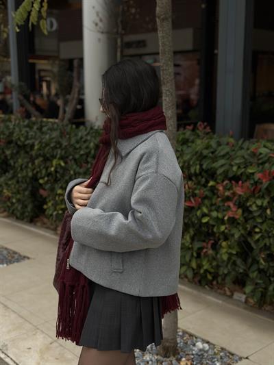 Premium Dokulu Kaşe Yakalı Gri Ceket