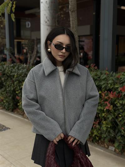 Premium Dokulu Kaşe Yakalı Gri Ceket