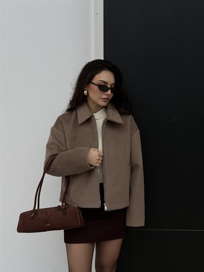 Premium Dokulu Kaşe Yakalı Kahve Ceket