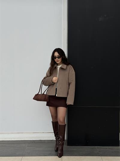 Premium Dokulu Kaşe Yakalı Kahve Ceket