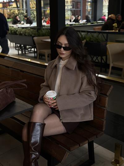 Premium Dokulu Kaşe Yakalı Kahve Ceket