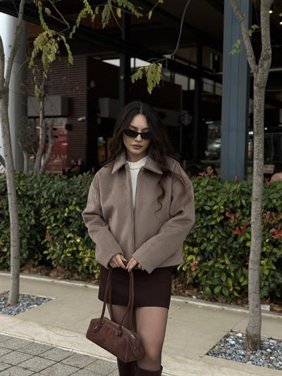 Premium Dokulu Kaşe Yakalı Kahve Ceket