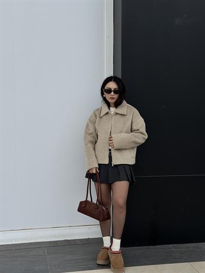 Premium Dokulu Kaşe Yakalı Kırçıllı Bej Ceket