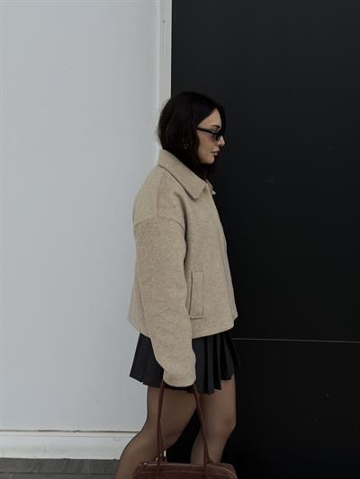 Premium Dokulu Kaşe Yakalı Kırçıllı Bej Ceket