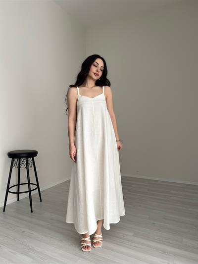 Premium Dokuma Keten Carita Beyaz Elbise