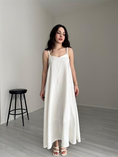 Premium Dokuma Keten Carita Beyaz Elbise