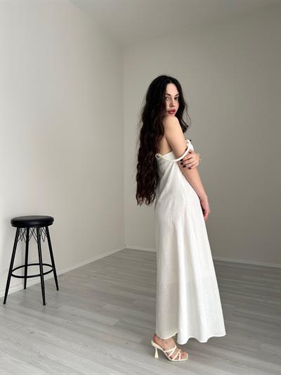 Premium Dokuma Keten Carita Beyaz Elbise