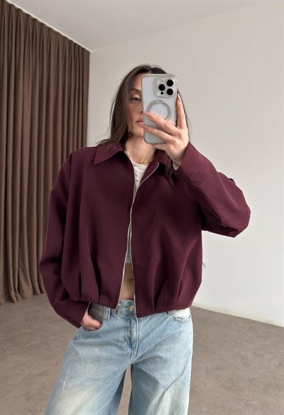 Premium Drapeli Deri Aksesuarlı Bordo Ceket