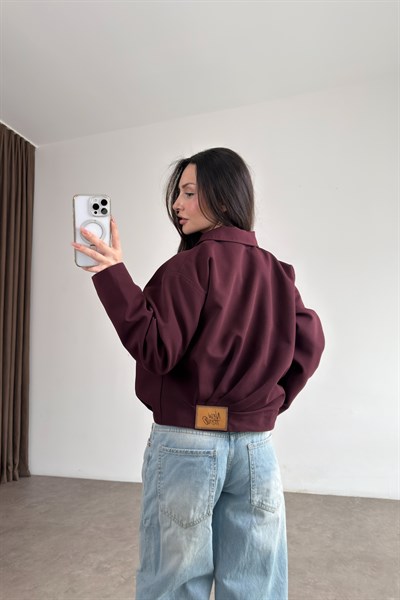 Premium Drapeli Deri Aksesuarlı Bordo Ceket