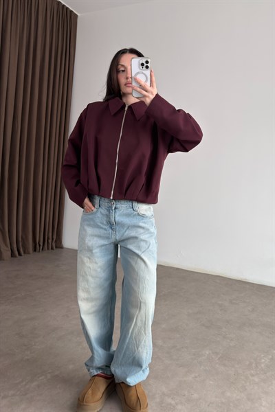 Premium Drapeli Deri Aksesuarlı Bordo Ceket