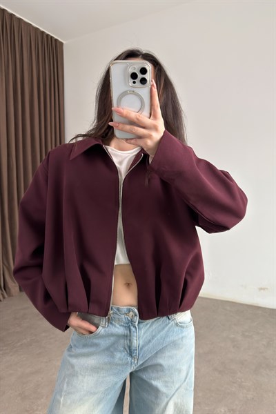 Premium Drapeli Deri Aksesuarlı Bordo Ceket